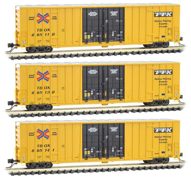 60' Rib-Side, Double-Plug-Door High-Cube Boxcar 3-Pack - Ready to Run -- Railbox TBOX 665118, 665138, 665141 (yellow, black, black TTX Logo)-1