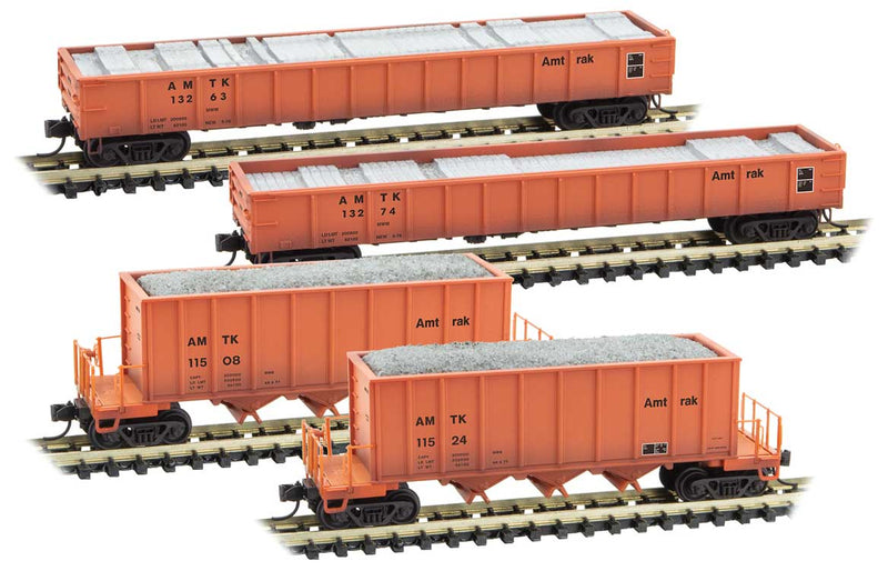 2-43’ Rapid Discharge Hopper and 2-50’ Gondola Set and Loads - Ready to Run -- Amtrak 11508, 11524, 13263, 13274 (Maintenance-of-Way orange)