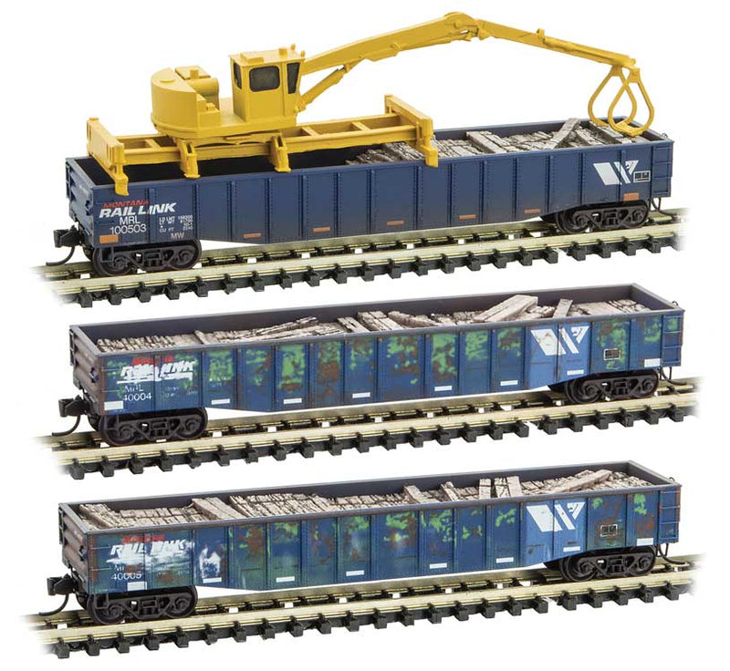 50' Gondola, Fishbelly Sides, Railroad Tie Load 3-Pack - Ready to Run -- With Tie Handler Crane, Montana Rail Link 100503, 40004, 40005 (Weathered, b-1