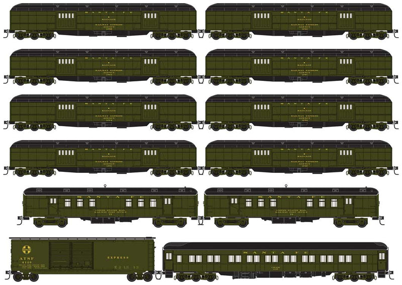 Fast Mail Express Set - 8 Baggage, 2 RPO, 50' Box, Parlor Coach - Ready to R -- Santa Fe (Pullman Green, black)