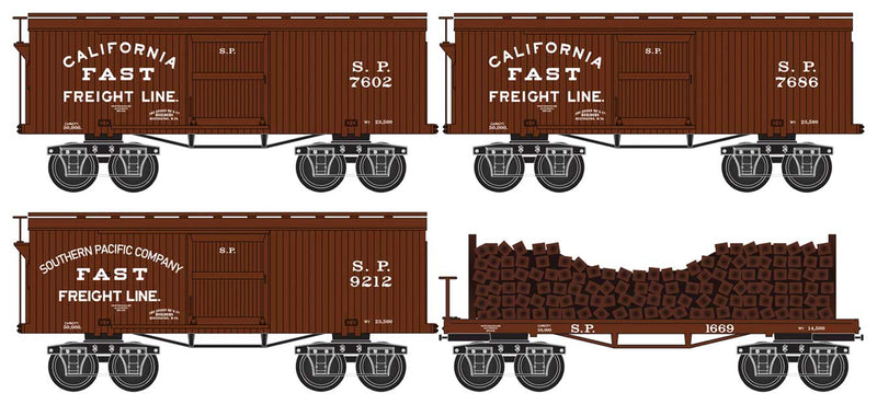 Civil War Era 3-Boxcar and 1 Flatcar with Tie Load Set - Ready to Run -- Southern Pacific 7602, 7686, 9212, 1669 (Boxcar Red, Mixed Lettering)
