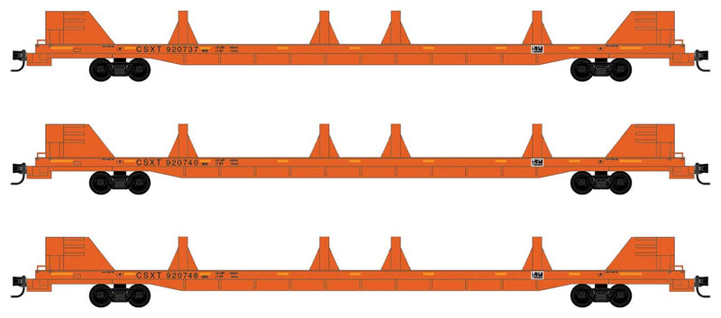 89'4" Flatcar for Rail Transport w/Rail Section Cradle - Ready to Run -- CSX #920737, 920740, 920748 (MOW orange, unpainted cradle kits)
