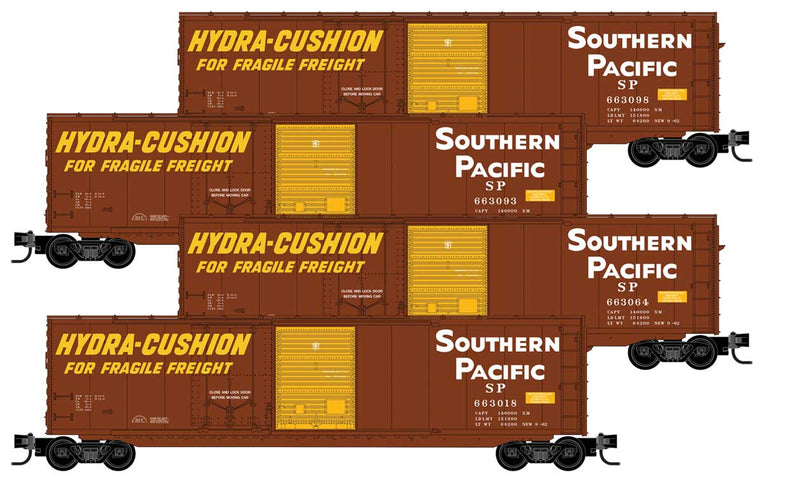 50' Plug & Sliding Door Boxcar No Roofwalk 4-Pack Foam Nest - Ready to Run -- Southern Pacific #663098, 663083, 663064, 663018 (Boxcar Red, white, yellow)