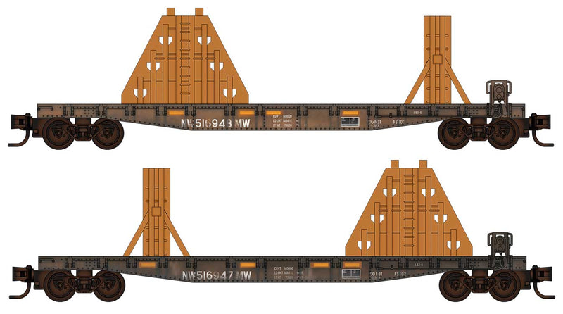 50' Fishbelly-Side Flatcar Flatcar w/Ribbon Rail Rack Ends Kit 2-Pack - RTR -- Norfolk Southern #516947, 516948 (black) Foam Nest