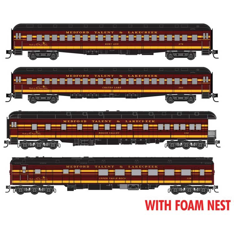 Heavyweight Dinner Train Set - 2 Coaches, Diner, Observation - Foam Nest -- Medford, Talent & Lakecreek (1930s-1950s Scheme; maroon, yellow, black)