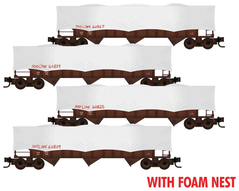 100-Ton 3-Bay Ribside Open Hopper w/Tarp Cover 4-Pack - Ready to Run Foam Nest -- Soo Line #60867, 60839, 60825, 60809 (Weathered, Boxcar Red)