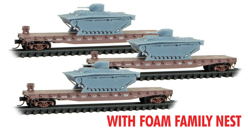 50' Fishbelly-Side Flatcar w/LVT(A)1 Tank Load 3-Pack - Ready to Run Foam -- Southern Pacific #79700, 79753, 79795 (Boxcar Red)