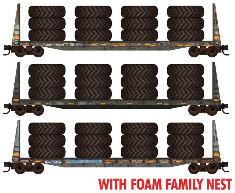 61' 8" Bulkhead Flatcar 3-Pack w/Large Tire Load - Ready to Run - Foam Nest -- Northwestern Oklahoma #725121, 725300, 725422 (weathered, blue, yellow)