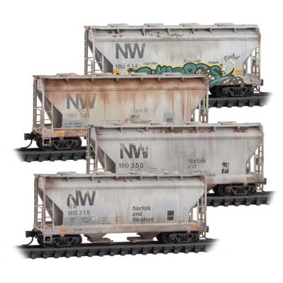 ACF 39' 2-Bay Center-Flow Covered Hopper - Round Hatches - 4-Pack - Ready to R -- Norfolk & Western #180514, 180381, 180350, 180315 (Weathered, gray, Graffiti