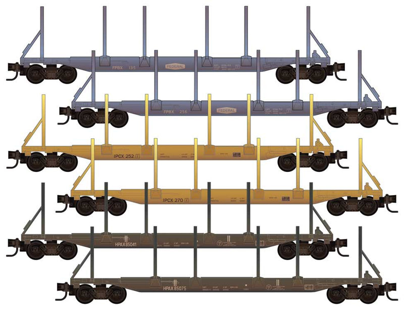 Evans 65' 100-Ton Log Car 6-Pack - Ready to Run -- FBPX 135, FBPX 256, IPCX 252, IPCX 270, HPAX 85041, HPAX 85075 (Weathered)