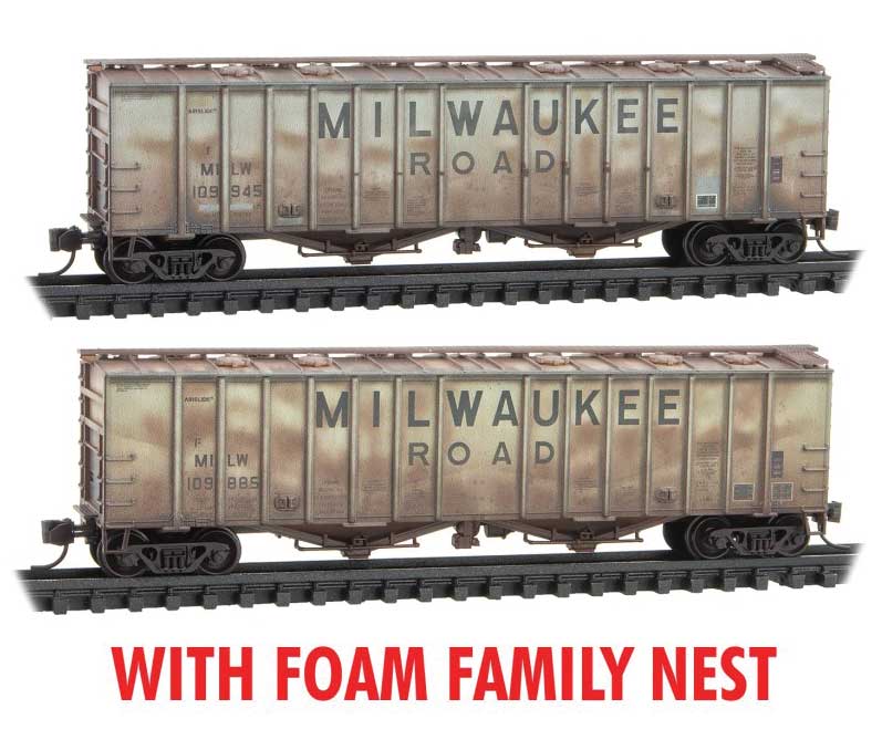 50' Airslide Covered Hopper 2 Pack w/Foam Nest - Ready to Run -- Milwaukee Road #109945, 109885 (Weathered, gray, black, Billboard Lettering)