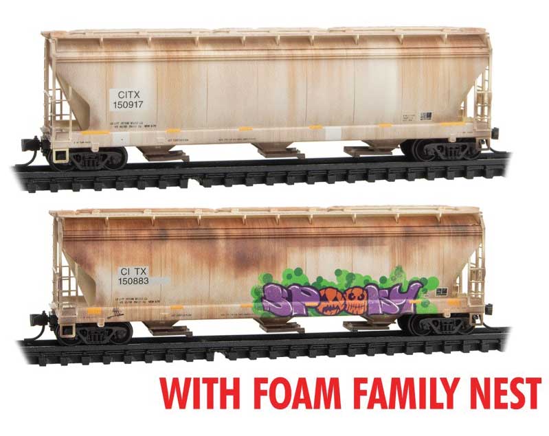 ACF 3-Bay Center Flow Covered Hopper pkg(2) Elongated Hatches - Ready-to-Run -- CITX 150917, 150883 (Weathered; gray, Yellow Conspicuity Marks, Graphics)