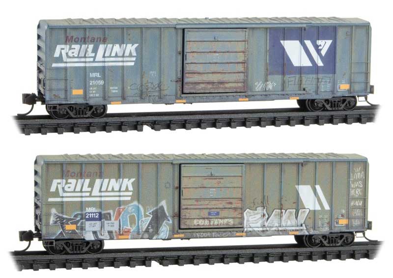 50' Rib-Side Single-Door Boxcar No Roofwalk Foam Nest 2-Pack - Ready to Run -- Montana Rail Link #21059, 21112 (Weathered, blue, white, Graffiti)