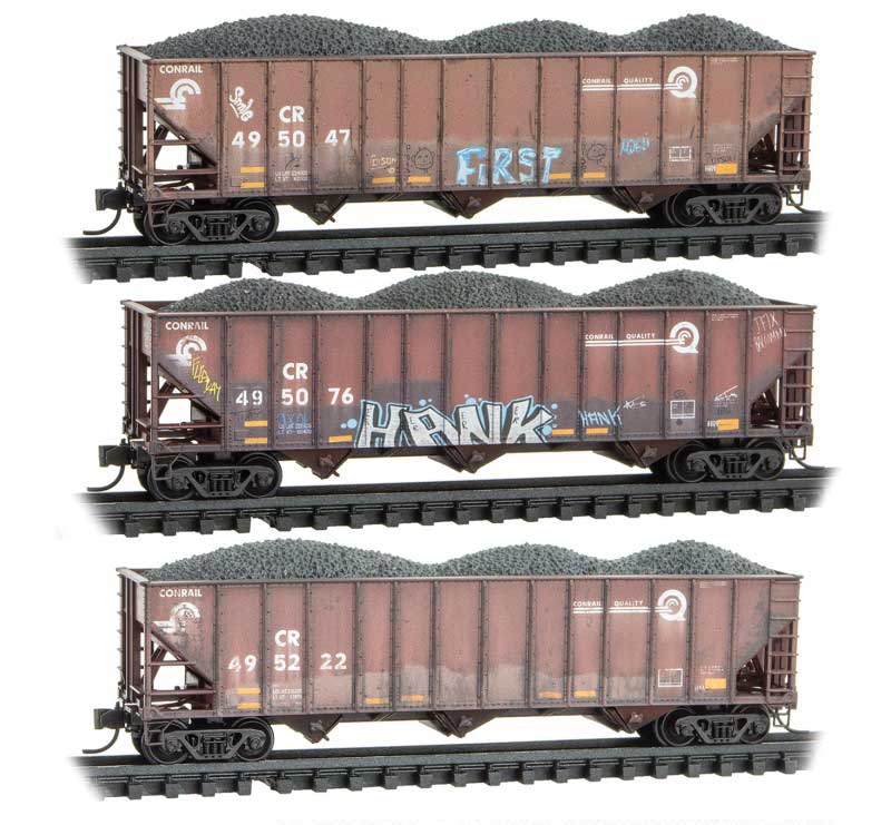 100-Ton 3-Bay Rib-Side Open Hopper w/Coal Load - Foam Nest pkg(3) Ready-to-Run -- Conrail #495047, 495076, 495222 (Weathered, Boxcar Red, Graffiti; Jewel Case