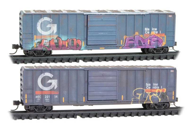 50' Rib-Side Single-Door Boxcar No Roofwalk Foam Nest 2-Pack - Ready to Run -- Maine Central #20103, 20114 (Weathered, gray, white, orange,  Graffiti)