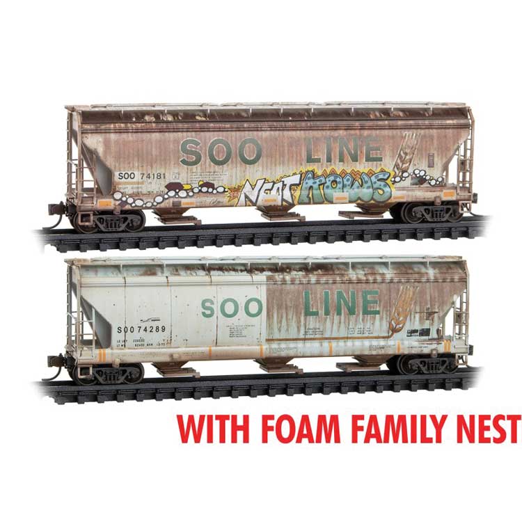 ACF 3-Bay Center Flow Covered Hopper, Hatches 2-Pack, Jewel Case - Ready to -- Soo Line #74181, 74289 (Weathered, gray, green, yellow, graffiti)