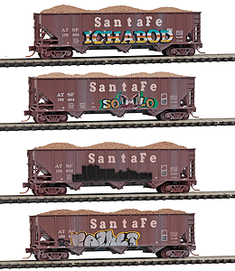 100-Ton 3-Bay Ribside Open Hopper w/Load 4-Car Runner Pack - Ready to Run -- Santa Fe #179463, 179698, 179672, 179484 (Weathered, Boxcar Red, Graffiti)