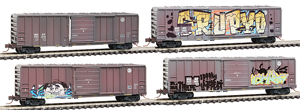 50' Rib-Side Single-Door Boxcar No Roofwalk 4-Car Runner Pack - Ready to Run -- Burlington Northern & Santa Fe (Weathered, Boxcar Red, Small Logo, Graffiti)