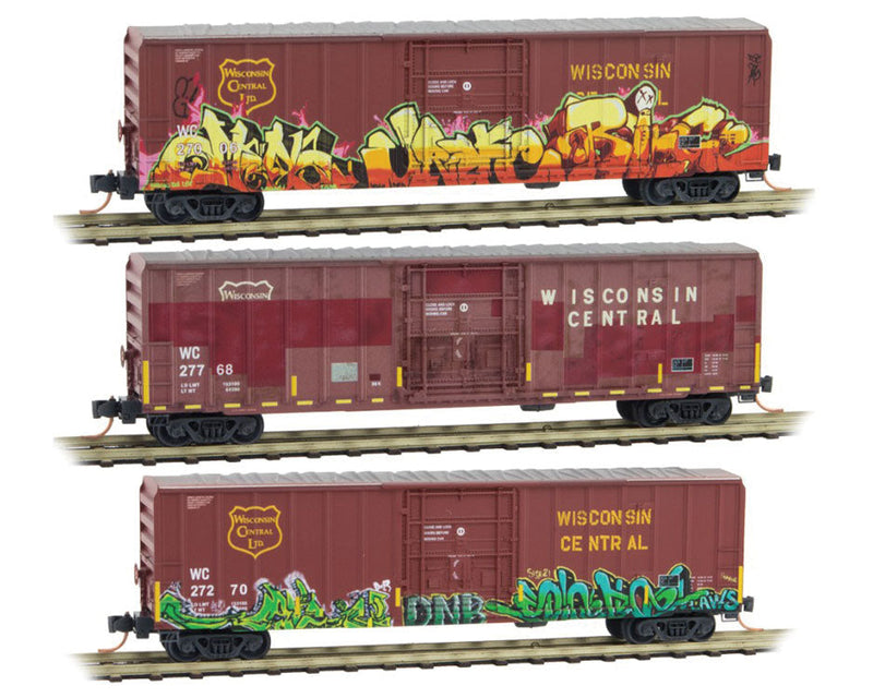 50' Rib-Side Single-Door Boxcar No Roofwalk 3-Car Runner Pack - Ready to Run -- Wisconsin Central #27006, 27768, 27270 (Weathered, maroon, Graffiti)