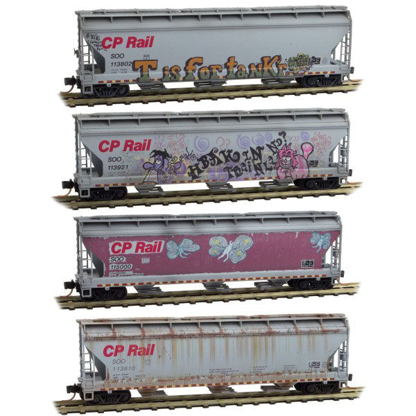 ACF 3-Bay Center-Flow  Hopper w/Elongated Hatches 4-Pack - Ready to Run -- Canadian Pacific SOO #113802, 113921, 115000, 113810 (Weathered, gray, Graff