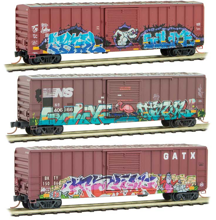 50' Rib-Side Single-Door Boxcar No Roofwalk - 3-Pack - Ready to Run -- 1 Each EEC, NS, MKT-GATX (Weathered, Boxcar Red, Animal Graffiti)
