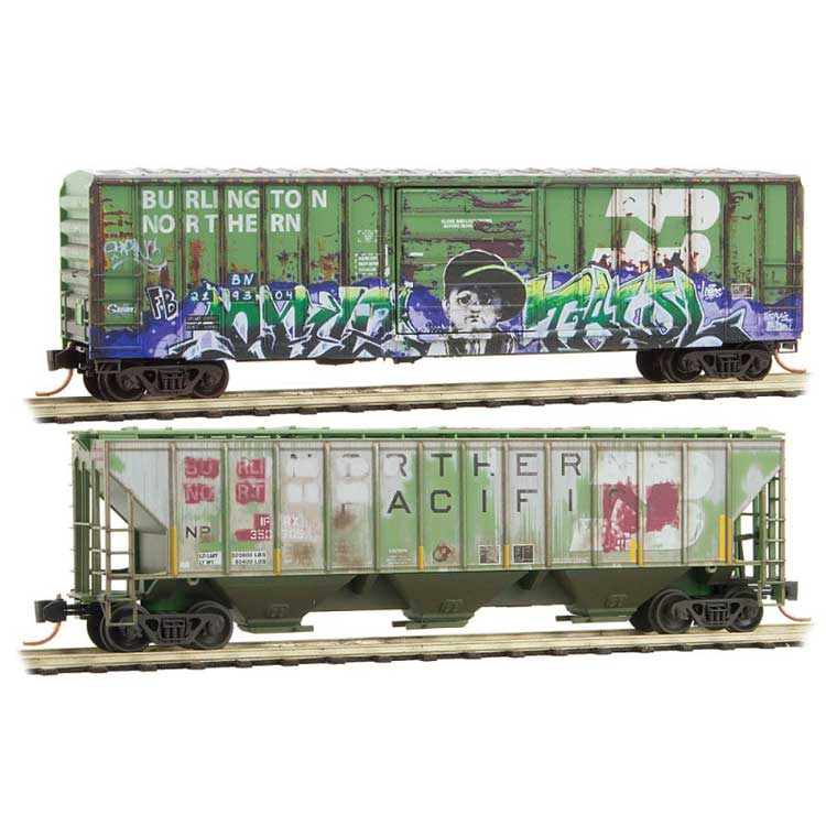 50' Rib-Side Boxcar & 4427 Covered Hopper 2-Pack - Ready to Run -- Burlington Northern 219304, IFRX 350705 (Weathered, Cascade Green)