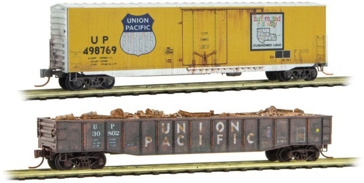 50' Plug-Door Boxcar and 50' Gondola with Load Weathered Set - Ready to Run -- Union Pacific 498769 (Armour Yellow, silver) 30802 (Boxcar Red)
