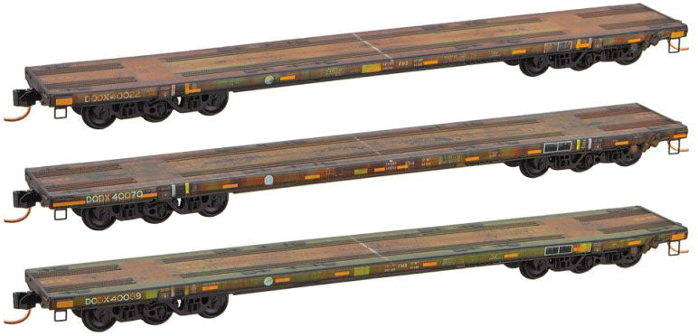 6-Axle 68' Flatcar 3-Pack - Ready to Run -- US Department of Defense 40022, 40070, 40089 (Weathered, green)