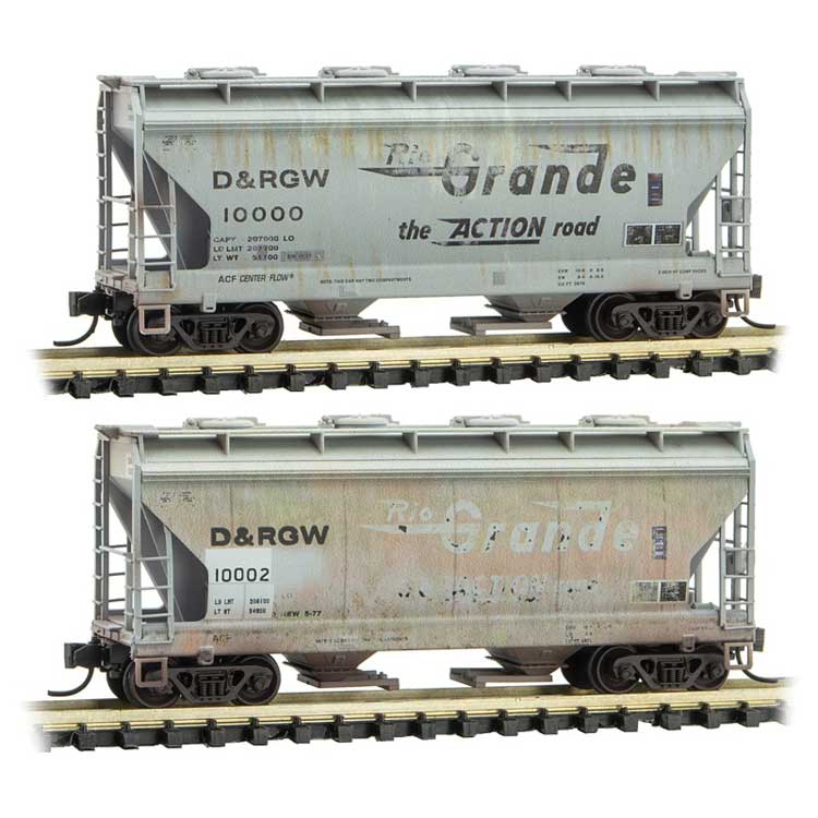 ACF 39' 2-Bay Center-Flow Covered Hopper - Round Hatches 2-Pack - Ready to Run -- Denver & Rio Grande Western 10000, 10002 (Weathered, gray)