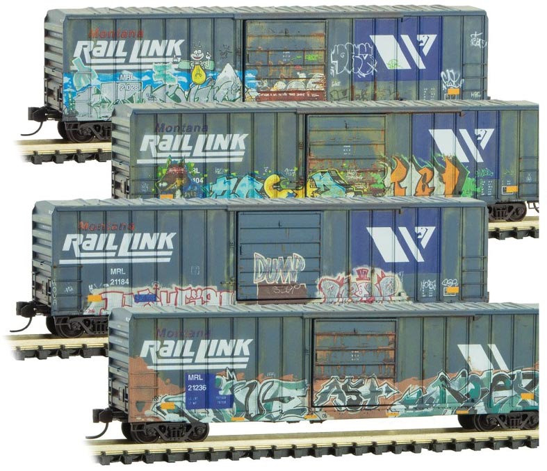 50' Rib-Side Single-Door Boxcar No Roofwalk 4-Pack - Ready to Run -- Montana Rail Link 21104, 21128, 21134, 21236 (Weathered, blue, white, Graffi