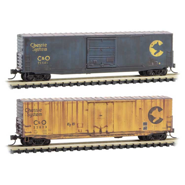 50' Steel Boxcar 2-Pack - Ready to Run -- Chessie System C&O 21441 (Weathered, blue) C&O 22823 (Weathered, yellow)