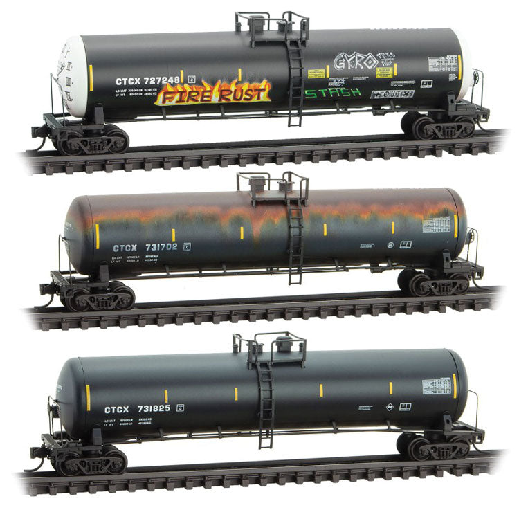 56' General-Service Tank Car 3-Pack - Ready to Run -- CTCX 727248, 731702, 731825 (Weathered, black, white, Graffiti)