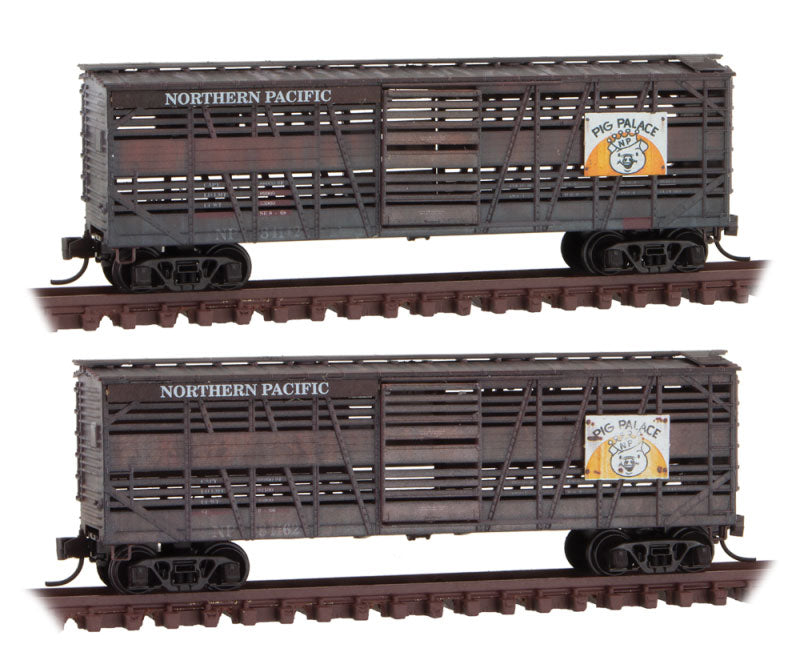 40' Despatch Stock Car 2-Pack - Ready to Run -- Northern Pacific 84142, 84162 (Weathered, Boxcar Red, white, yellow, Pig Pal
