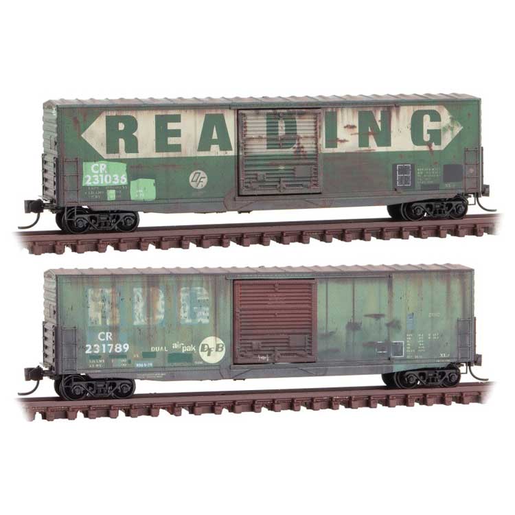 50' Boxcar with 10' Door, No Roofwalk, Short Ladders 2-Pack - Ready to Run -- Conrail 231035, 231789 (Weathered, 2 Ex-RDG Schemes, green, yellow)