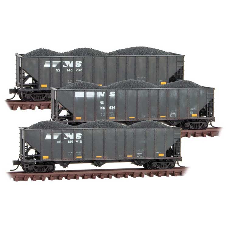 100-Ton 3-Bay Ribside Open Hopper with Coal Load 3-Pack - Ready to Run -- Norfolk Southern 146232, 146524, 145918 (Weathered, black, yellow conspicuit