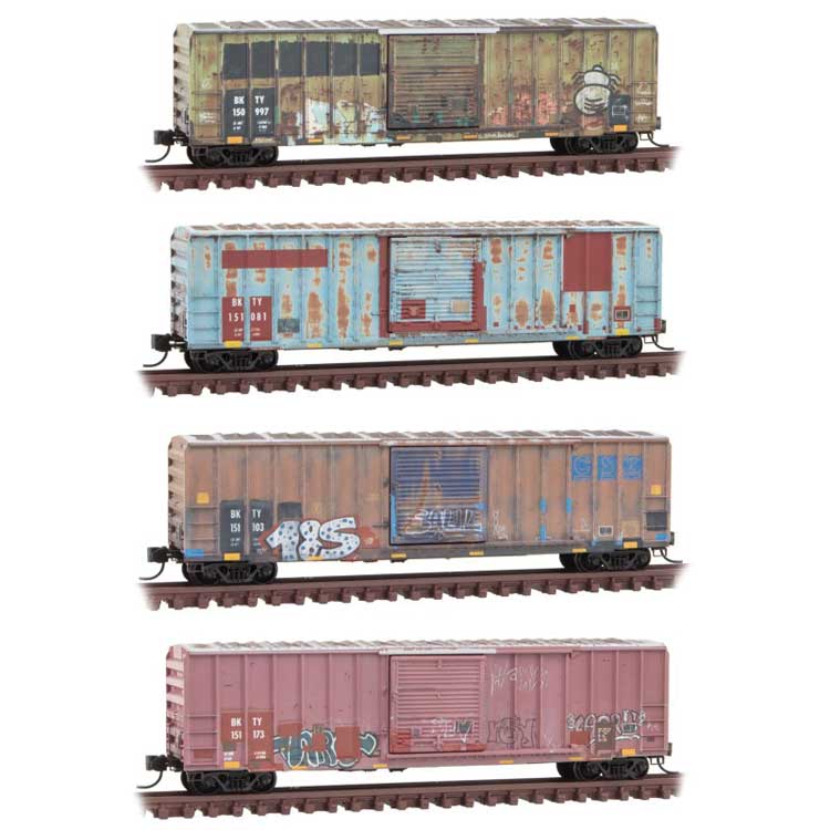 50' Rib-Side Single-Door Boxcar No Roofwalk 4-Pack - Ready to Run -- BKTY 150997, 151081, 151103, 151173 (Weathered, mixed schemes, graffiti)