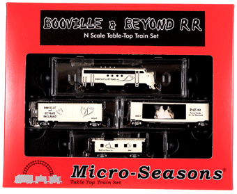 Micro-Seasons(R) Booville & Beyond Railroad Trainset -- FT Loco, B&B RR Car w/Ghost, Flying Banshee Boxcar, Phantom Line Caboose.