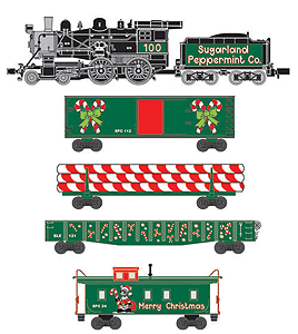 Sugarland Peppermint Company Christmas Train Set - Standard DC -- Steam 4-4-0, Cupola Caboose, Log Car, Gondola, Boxcar w/Peppermint Loads