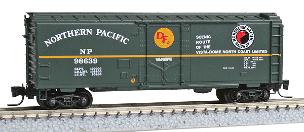 40' Plug-Door Boxcar Runner Pack pkg(4) -- Northern Pacific #98593, 98600, 98636 & 98639 (green, North Coast Ltd. Sloga