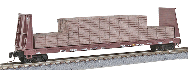 60' Bulkhead Flatcar w/Lumber Load Runner Pack pkg(4) -- Trailer-Train #80825, 80833, 81001, 81259 (Boxcar Red)