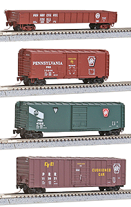 Pennsylvania Railroad Variety Runner Pack pkg(4) -- 1 Each 40' Plug-Door, 50' Rib-Side PD, 50' SD Boxcars, 1 - 50' Gondola