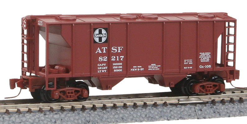 PS-2 70-Ton 2-Bay Covered Hopper 4-Car Runner Pack - Ready to Run -- Santa Fe #82092, 82113, 82165, 82217 (Boxcar Red, black, Square Logo)