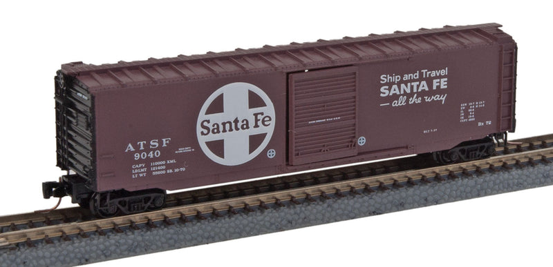 50' Single-Door Boxcar 4-Car Runner Pack - Ready to Run -- Santa Fe #9004, 9016, 9038, 9040 (Boxcar Red, black, white, Large Logo)