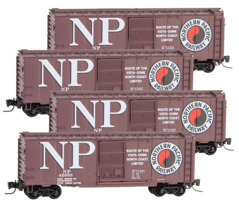 40' Single-Door Boxcar 4-Car Runner Pack - Ready to Run -- Northern Pacific #42998, 43066, 43070, 43255 (Boxcar Red, Billbaord NP & Log