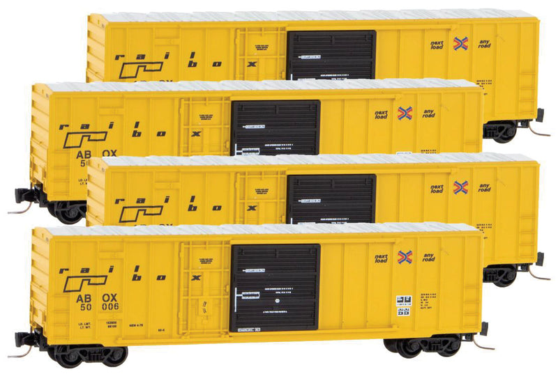 50' Rib-Side Plug & Sliding Door Boxcar No Roofwalk 4-Pack - Ready to Run -- Railbox #50006, 50050, 50073, 50110 (yellow, black, Small Logo)