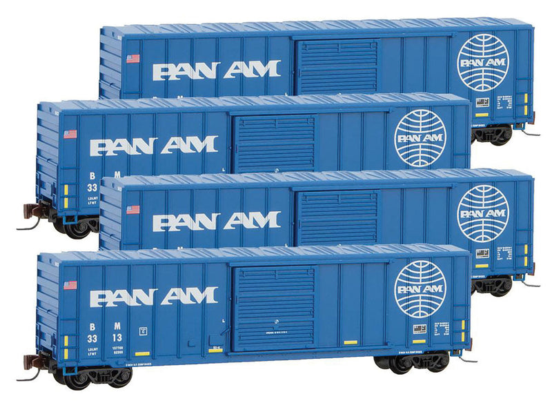 50' Rib-Side Single-Door Boxcar No Roofwalk 4-Car Runner Pack - Ready to Run  -- Pan Am Railways BM #3313, 3320, 3345, 3352 (blue, white)