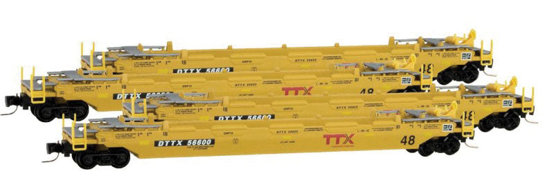 Gunderson Husky Stack Well Car 4-Car Runner Pack - Ready to Run -- TTX #56555, 56599, 56600, 56693 (yellow, black, maroon Logo)