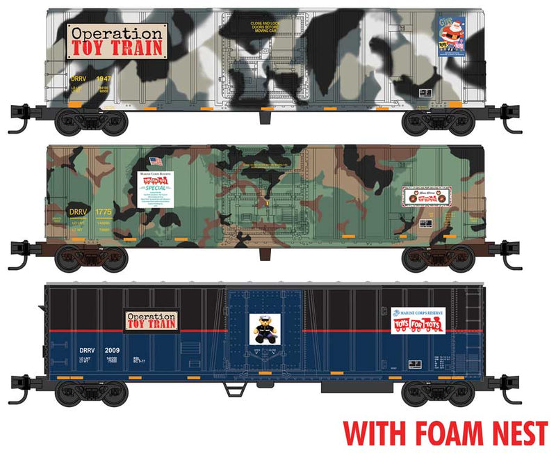 2-50' Boxcars & 51' Mechanical Reefer - Ready to Run - Foam Nest -- Toys for Tots (2 Camouflage, 1 blue, black)