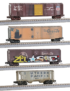 Southwestern Weathered & Graffitied 4-Car Runner Pack - Ready to Run -- 1 Each: SP Covered Hopper, ATSF & DRGW 50' Plug-Door & UP 50' Double-Door Bo