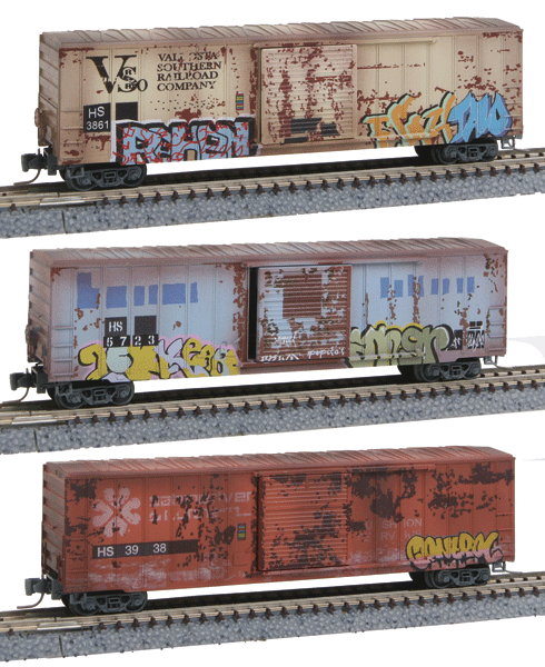 50' Rib-Side Single-Door Boxcar No Roofwalk  3-Car Runner Pack - Ready to Run -- Hartford & Slocomb HS #3938, 5723, 3861 (Weathered, 3 Patched Schemes, Graff